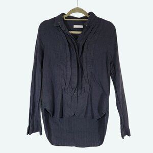 Sibel Saral Cotton Long‎ Sleeve Button Pleated Front Hi-Low Blouse Dark Blue S